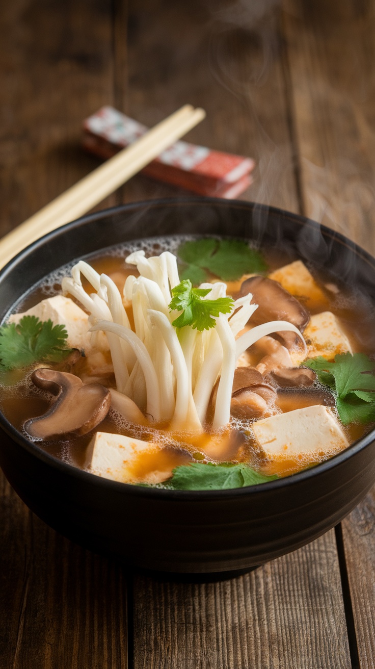 A bowl of Hot and Sour Soup with mushrooms and tofu, garnished with green onions, on a rustic wooden table with chopsticks.